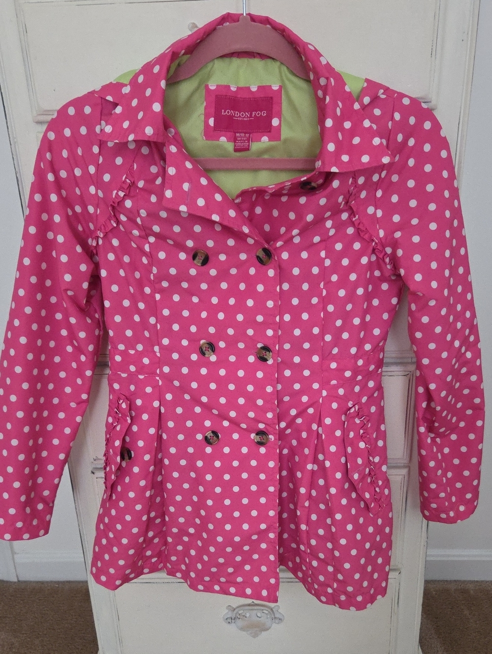 London Fog Hot Pink Polka Dot Trench with Lime Green Lining